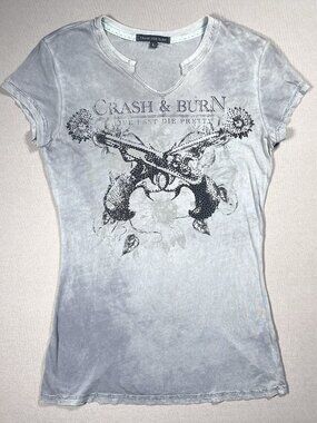 Crash And Burn Crossed Guns Embellished Graphic Acid Gray Top - Women Size Large